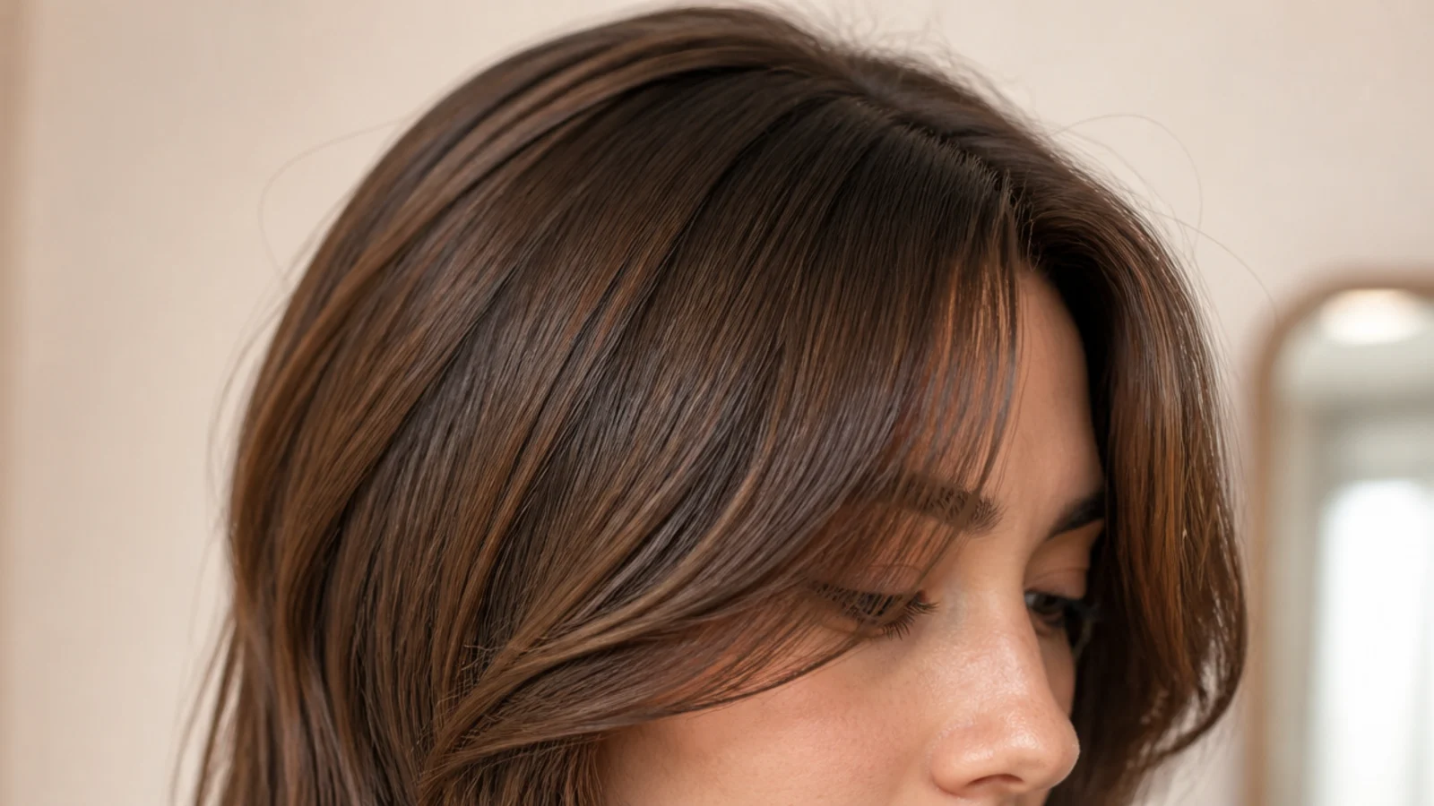 Long layered hair with short curtain bangs blending into face-framing pieces