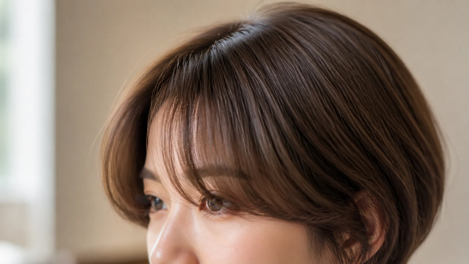 Short curtain bangs on fine hair adding fullness at the front of a round face