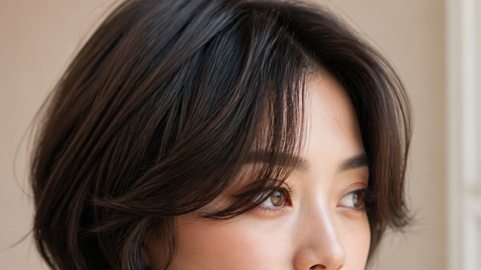 Wavy short curtain bangs with a soft bend sweeping off a round face