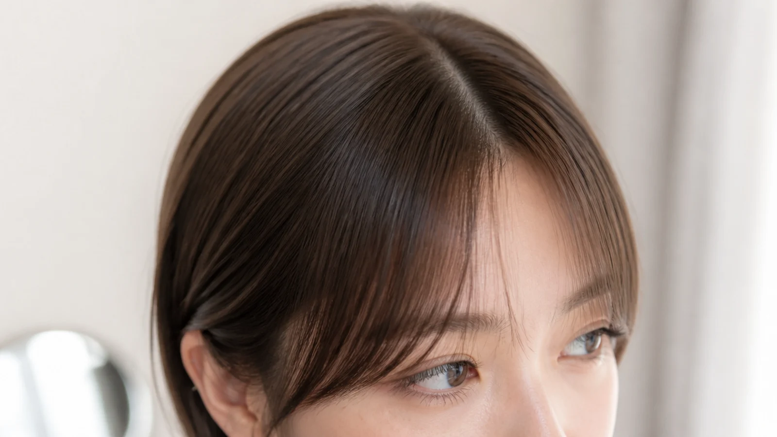 Sleek straight short curtain bangs with a clean center part on a round face