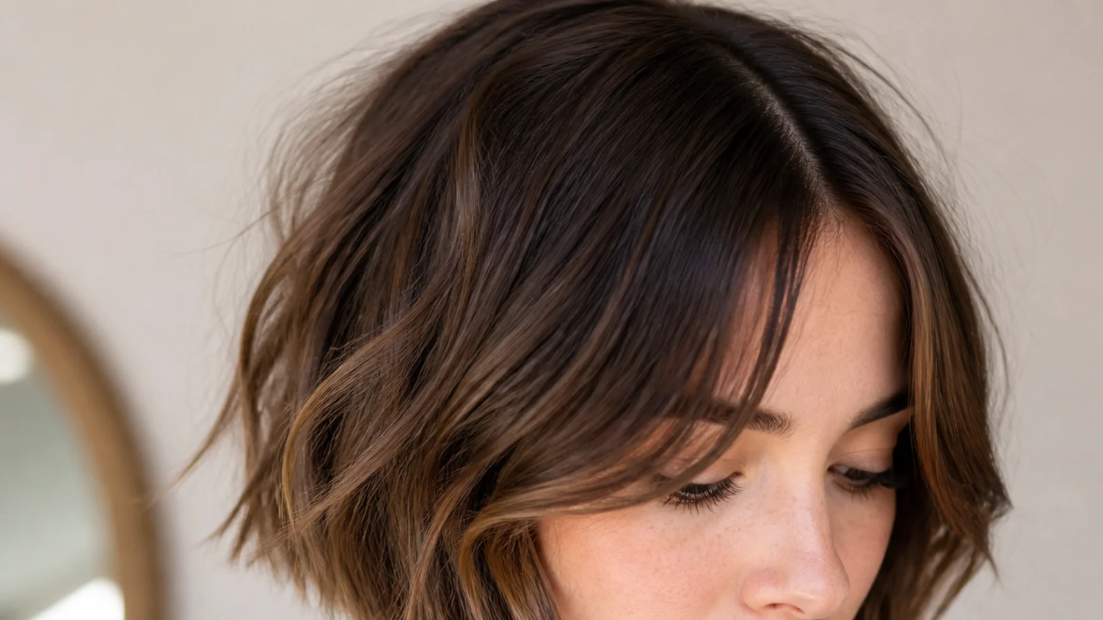 French bob with short curtain bangs and a soft undone texture on a round face
