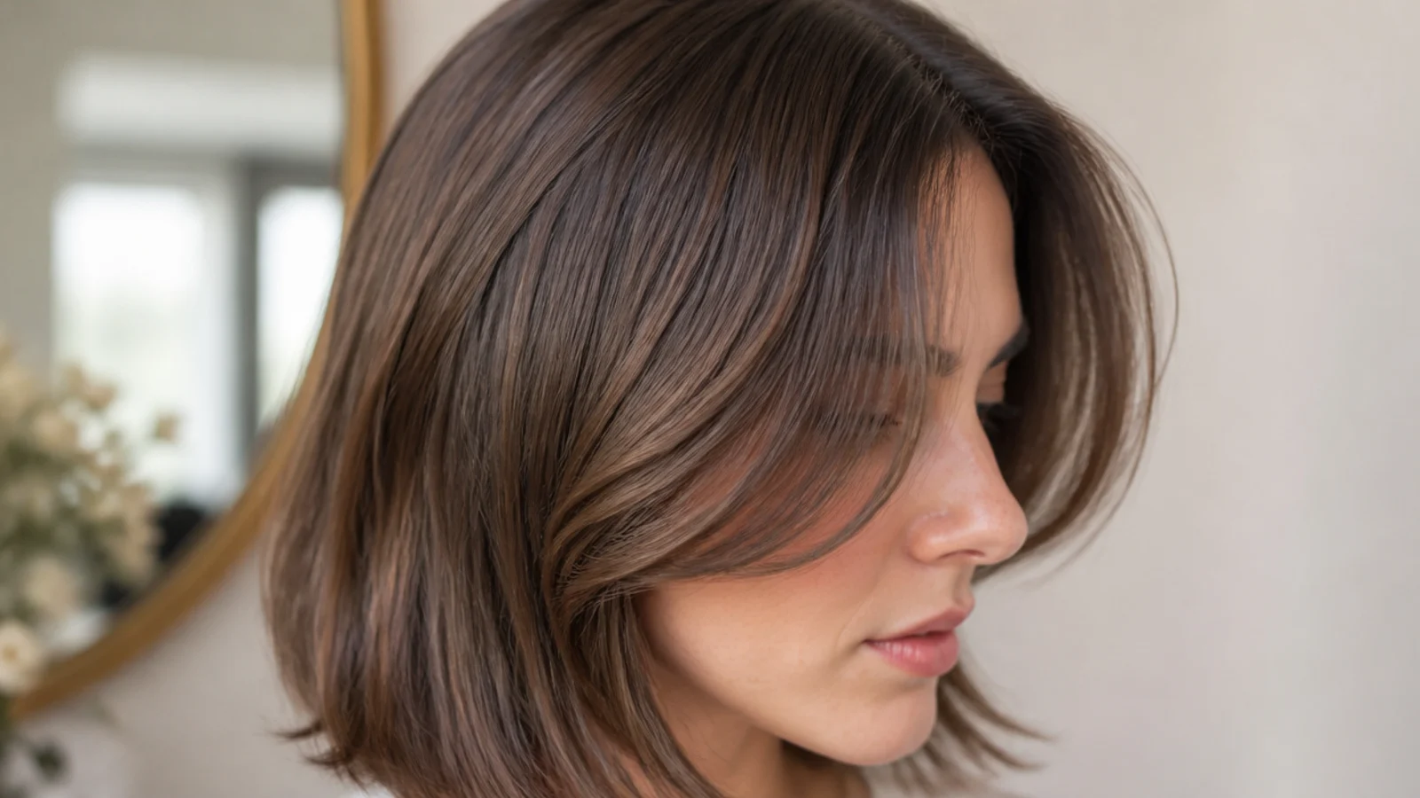 Collarbone lob with short curtain bangs sweeping away from a round face