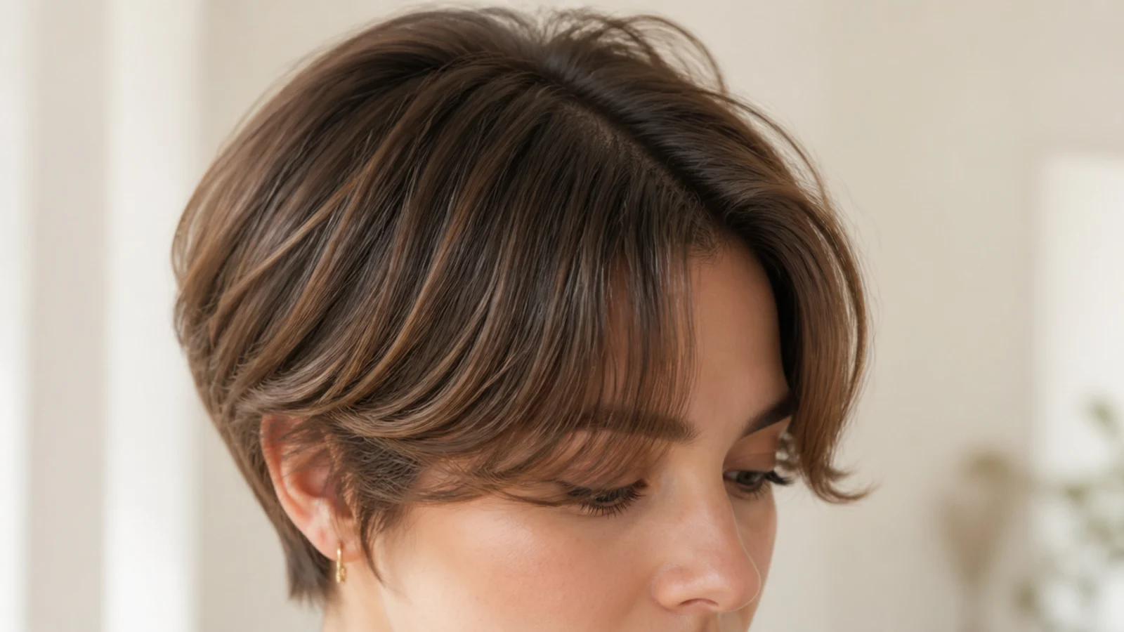 Long pixie cut with short curtain bangs parted in the middle on a round face