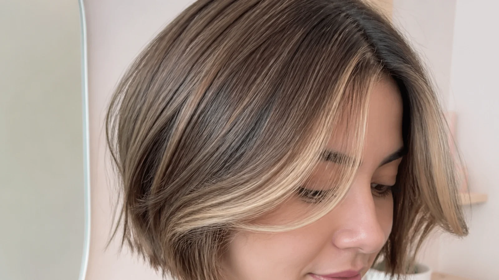 Short curtain bangs with a bright money-piece highlight framing a round face