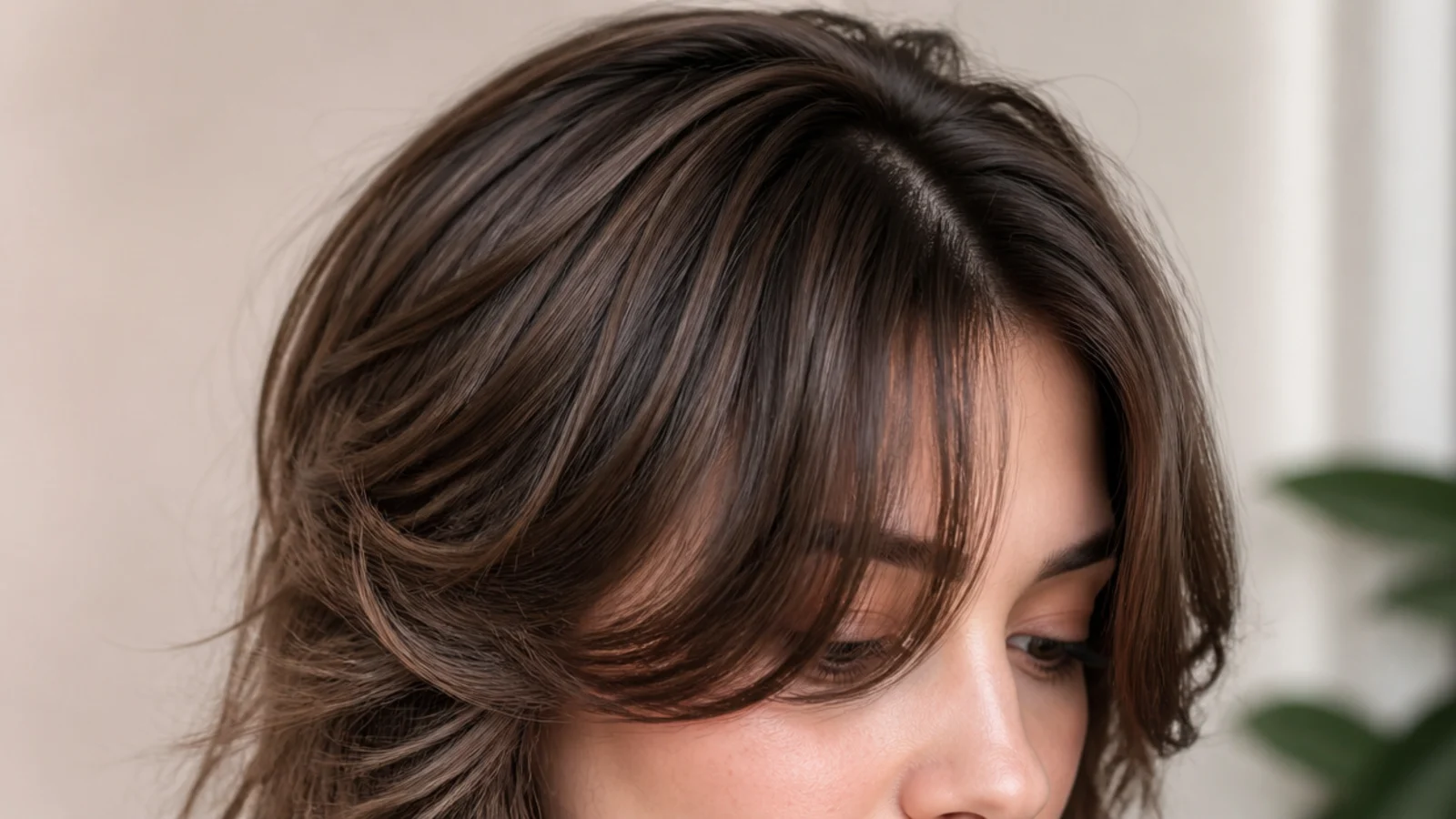 Wolf cut with short curtain bangs and heavy crown layers on a round face