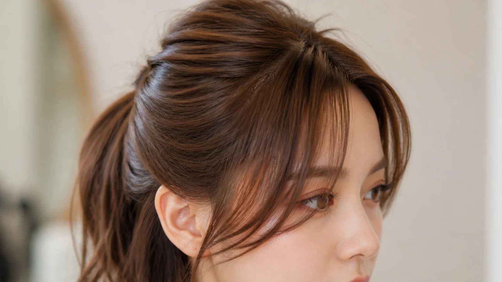 Half-up ponytail with short curtain bangs left out to frame a round face