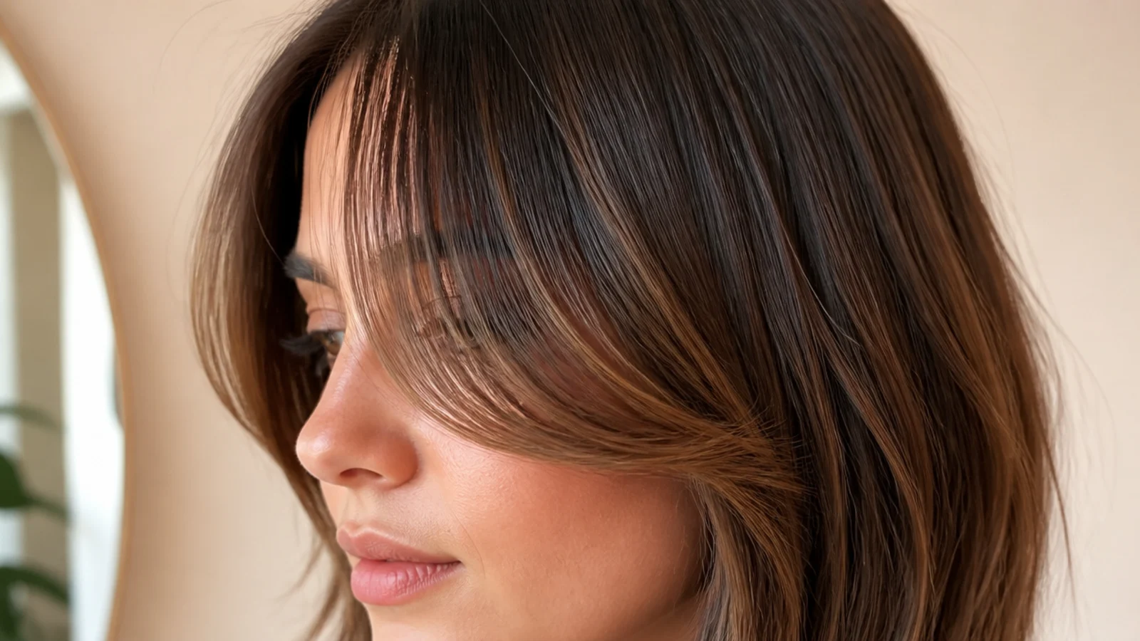 Grown-out short curtain bangs blending into face-framing layers on a round face