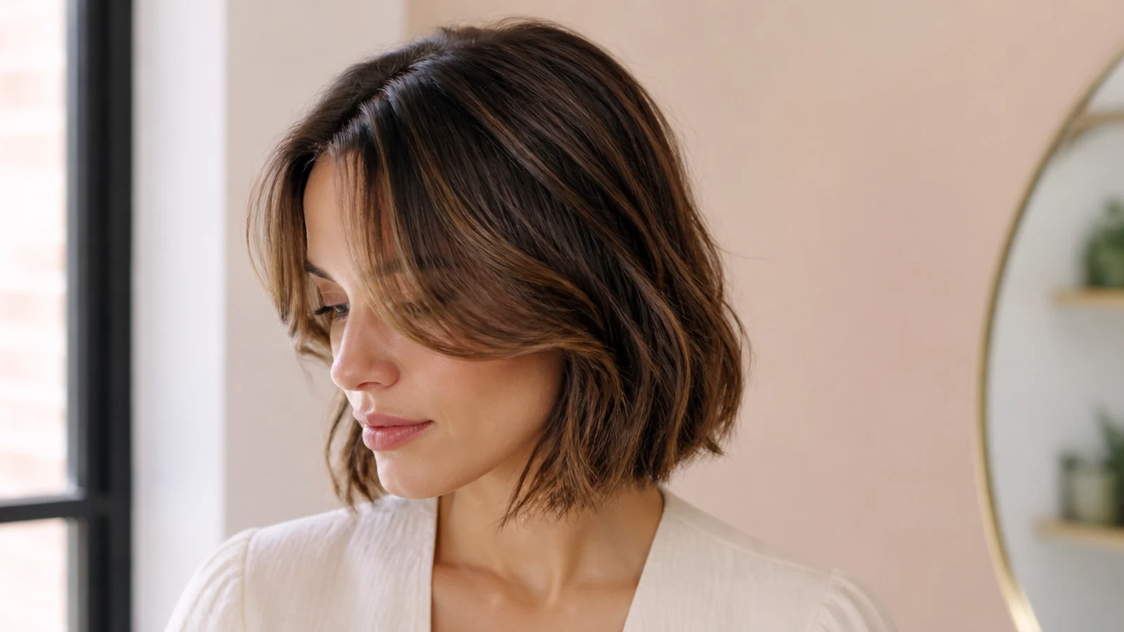 Short curtain bangs on a round face parted in the middle and sweeping away from the cheeks