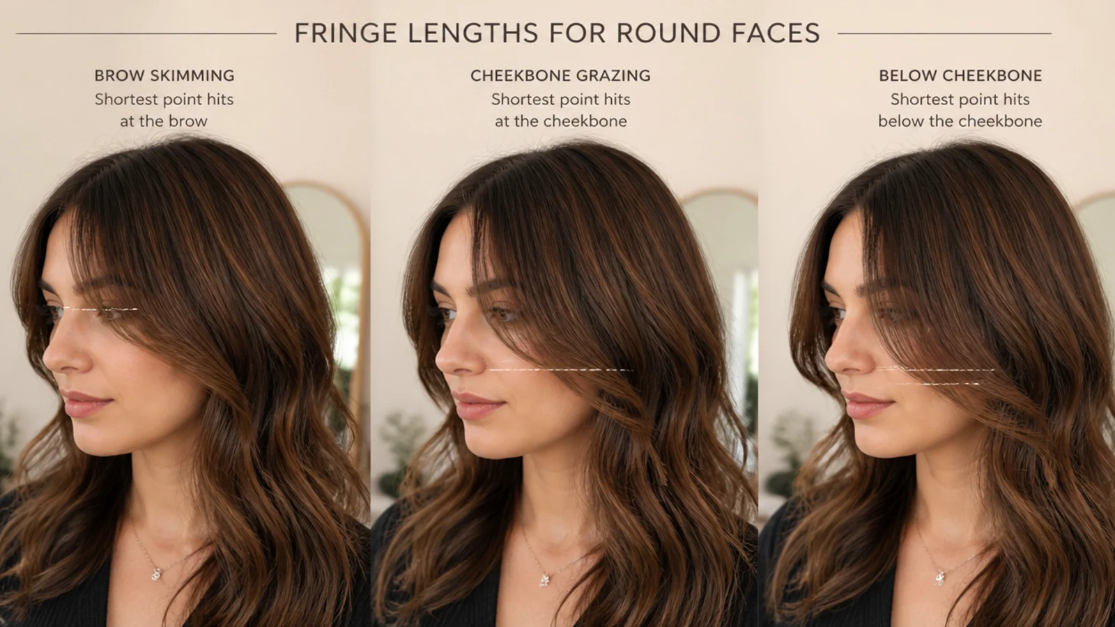 Three fringe lengths compared on a round face from above the brow to the cheekbone