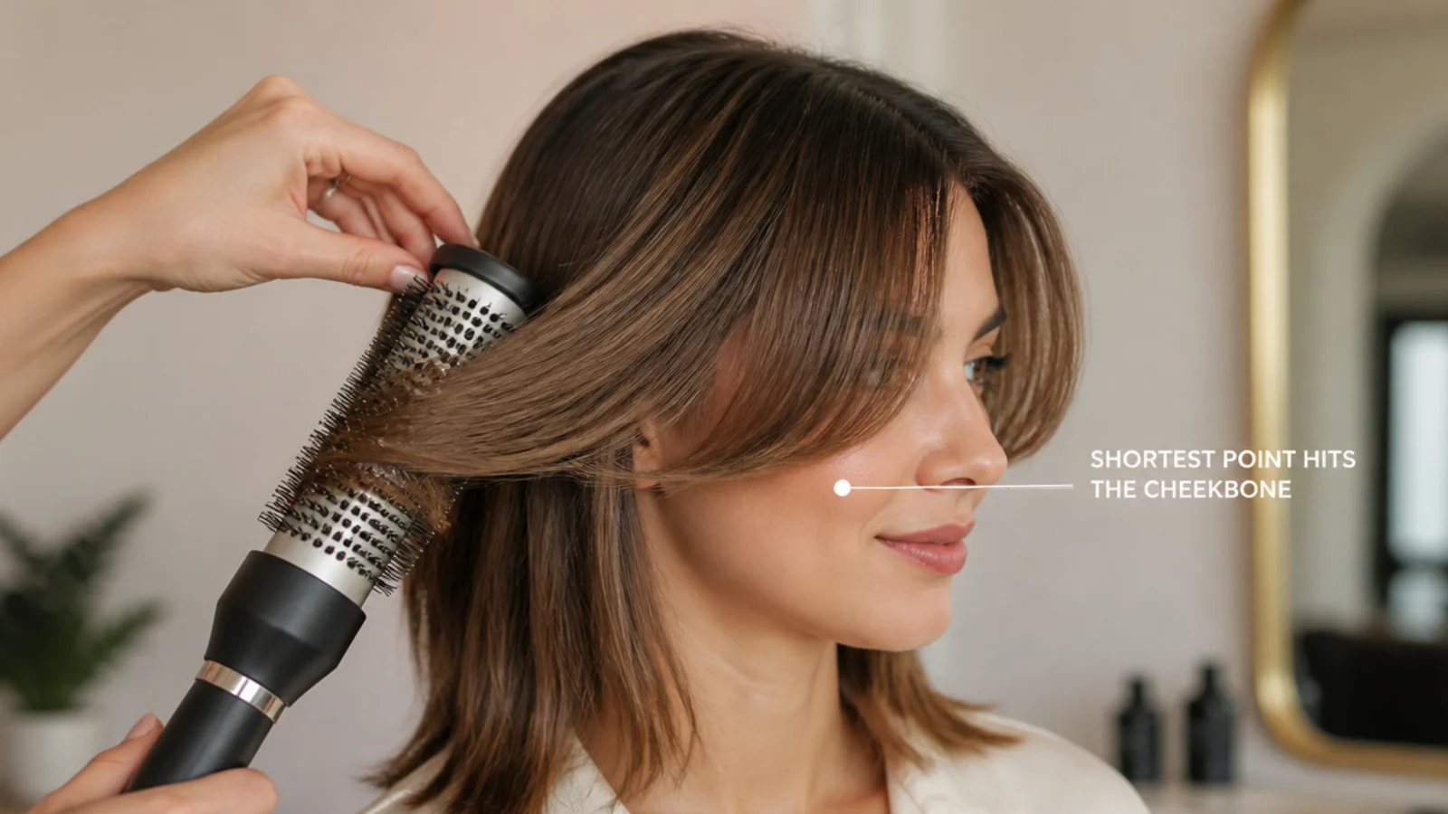 Round brush blow-drying short curtain bangs away from the center part on a round face