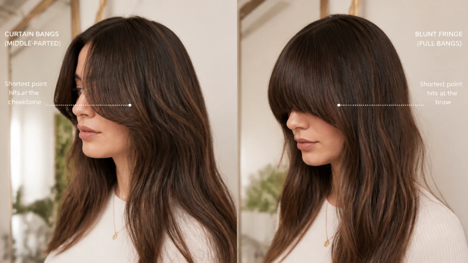 Diagram comparing short curtain bangs parted in the middle with a blunt full fringe