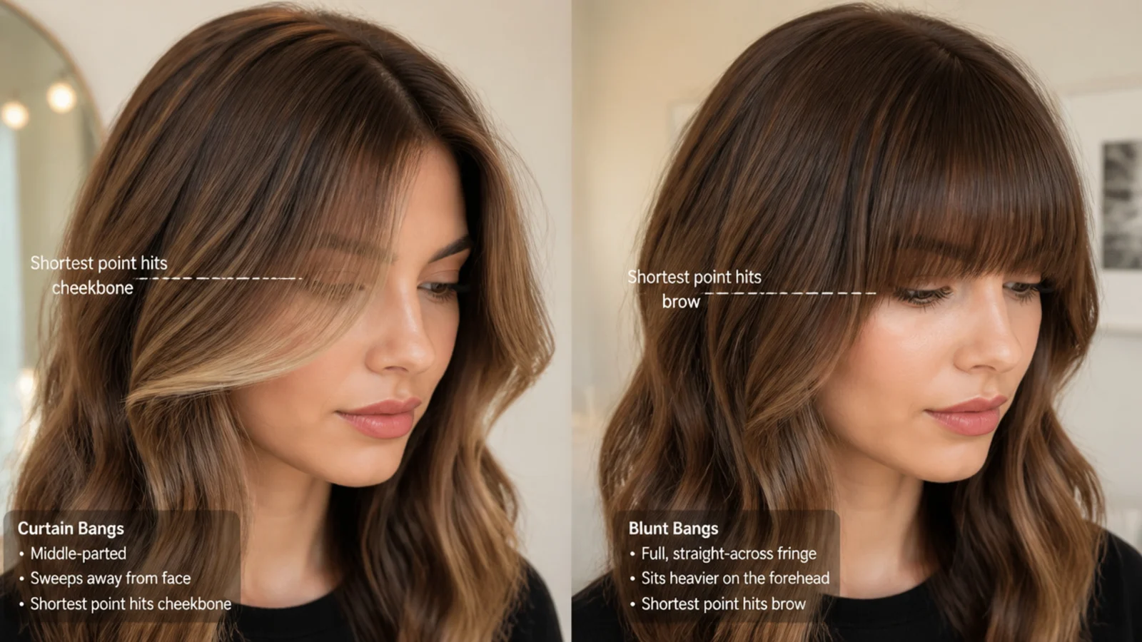 Short curtain bangs beside a full blunt fringe showing the difference in shape and coverage