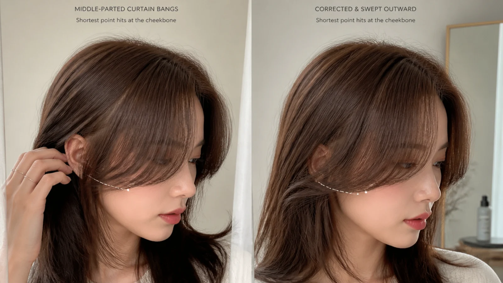 Short curtain bangs split down the middle beside the same fringe corrected and sweeping outward