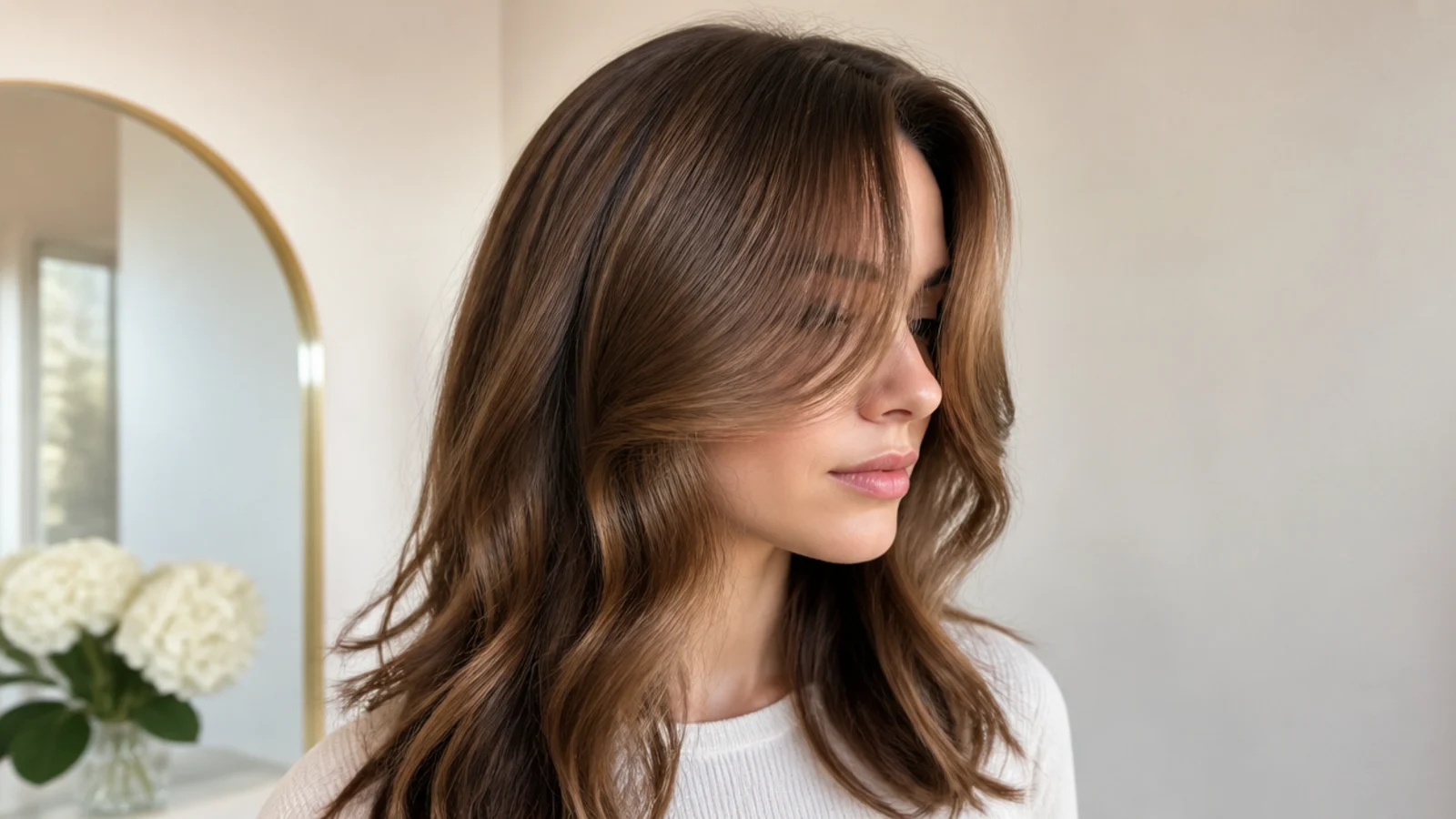 Short curtain bangs styled with a round brush and swept away from a center part