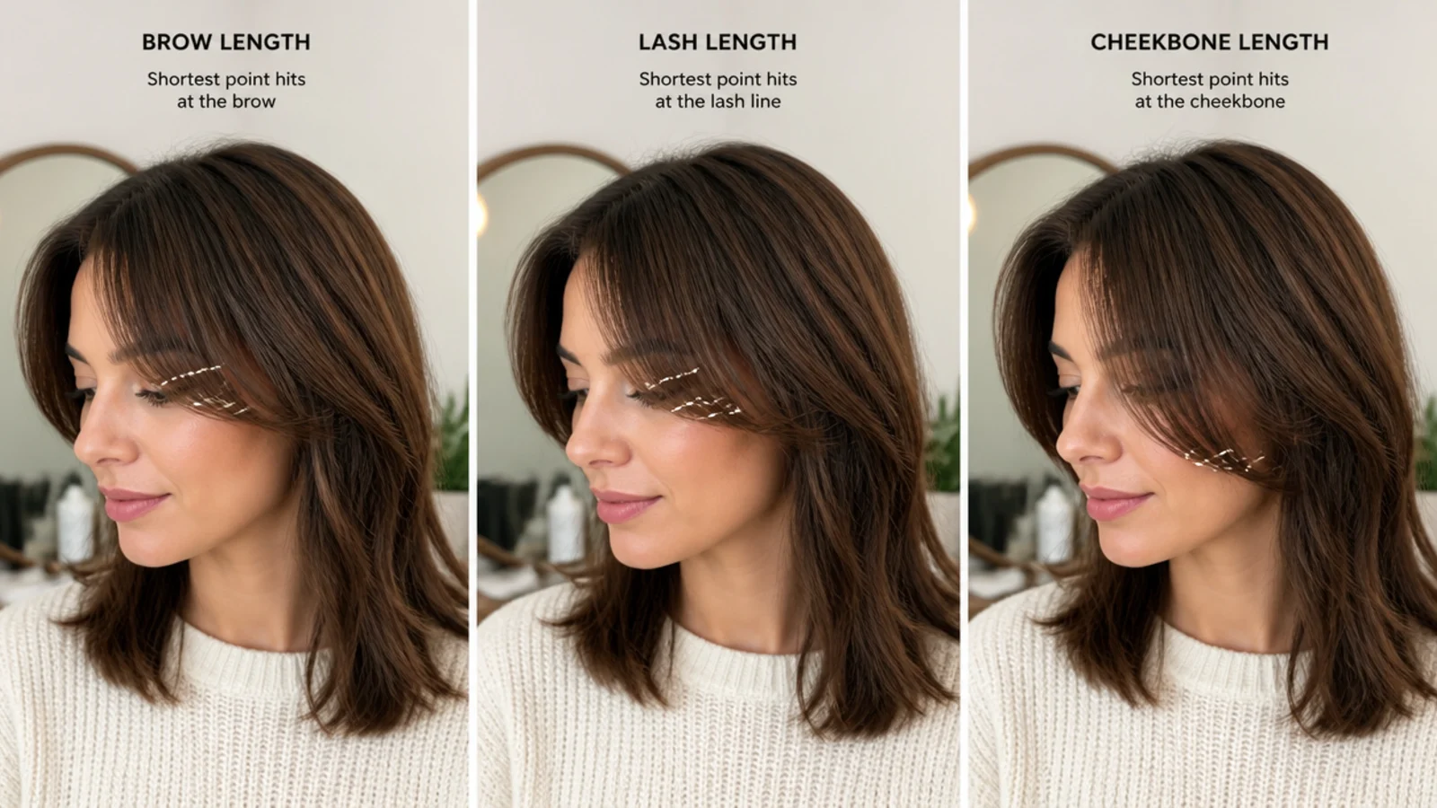 Three short curtain bangs lengths compared at brow, lash and cheekbone level