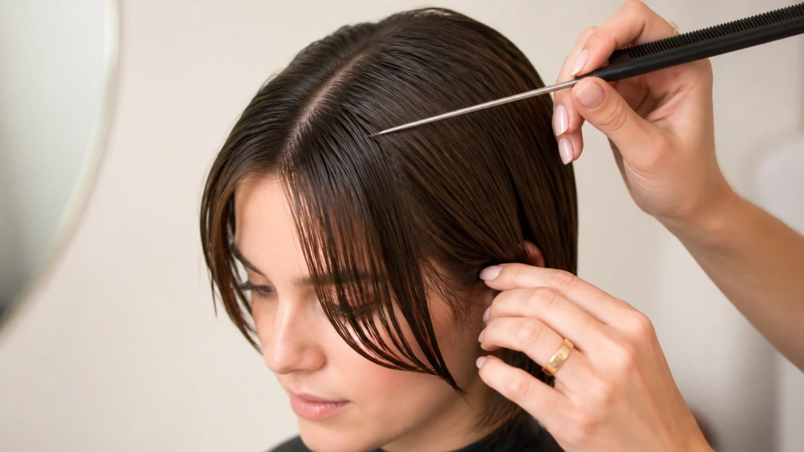 A tail comb setting a clean center part through damp short curtain bangs