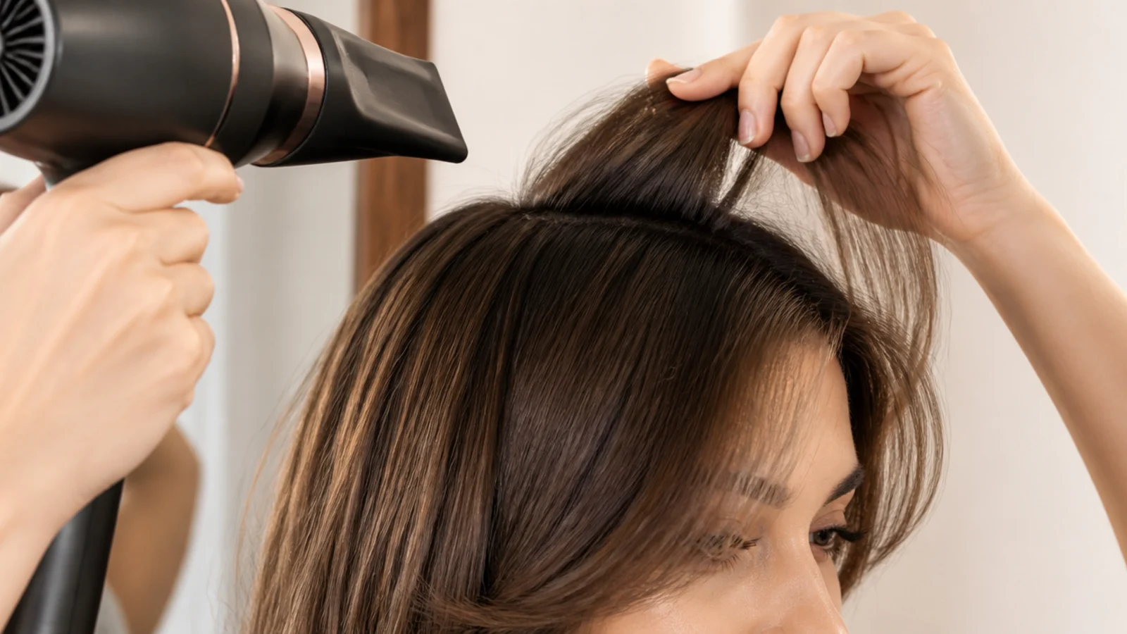Fingers lifting the roots of short curtain bangs under a blow dryer nozzle
