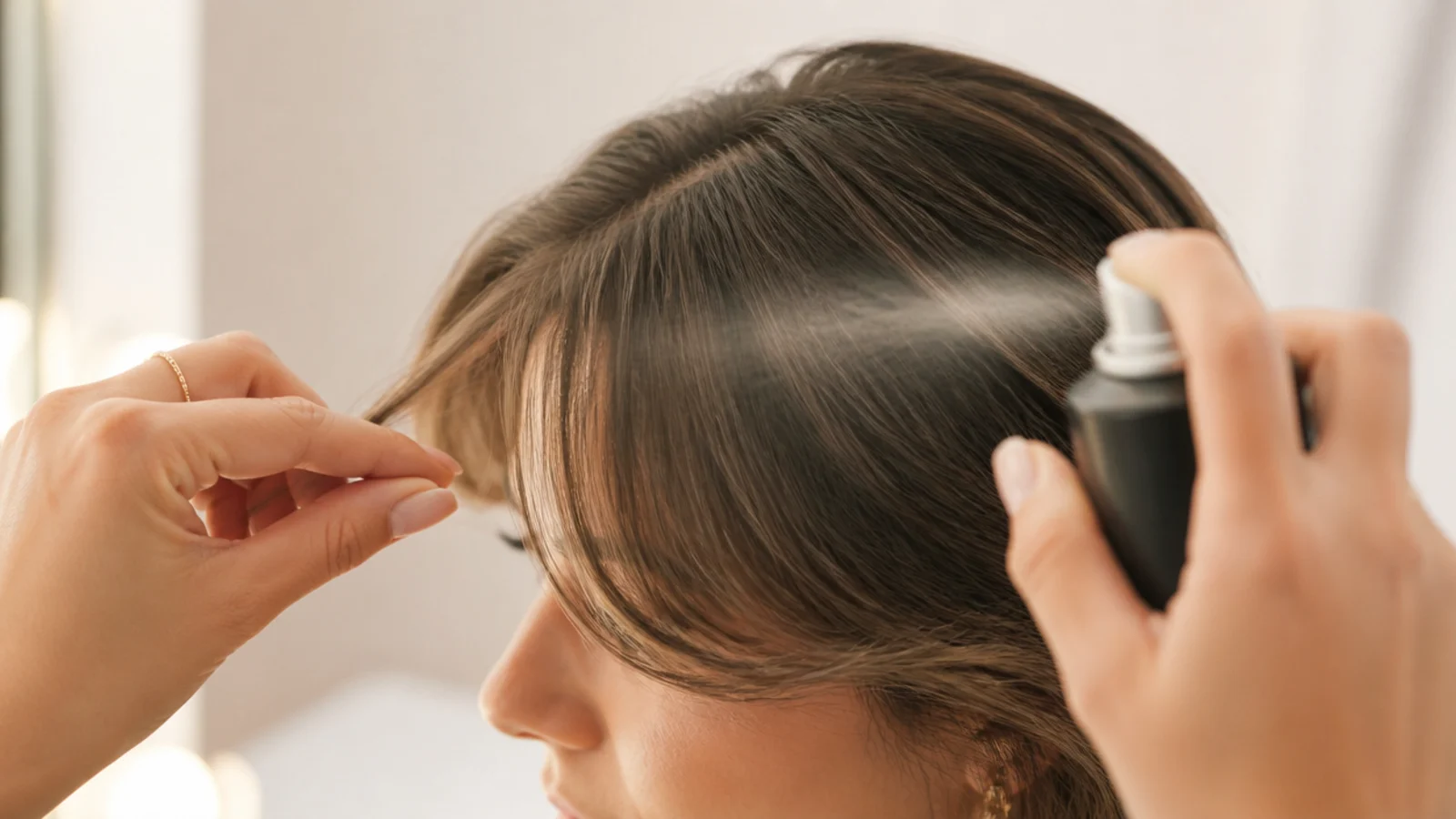 Texture spray misted onto finished short curtain bangs to separate the ends