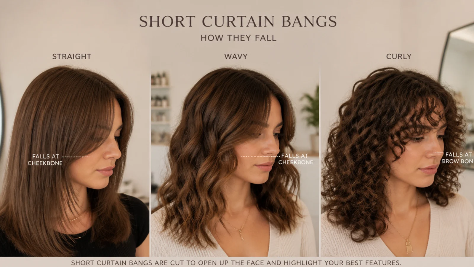 Short curtain bangs styled on straight, wavy and curly hair textures side by side