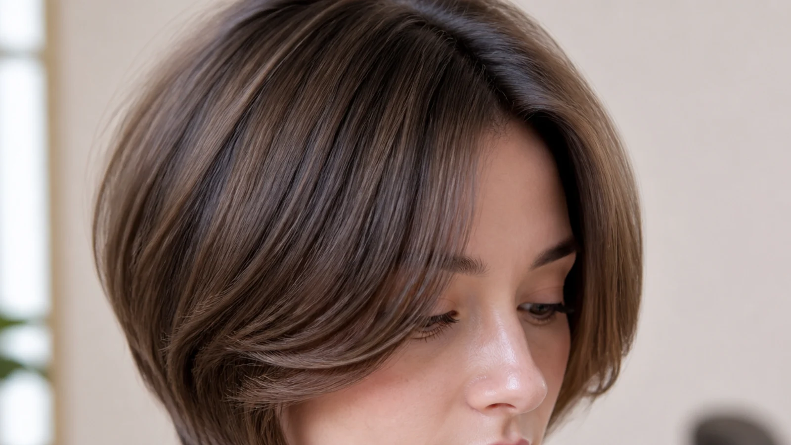 Short curtain bangs with the shortest point at the cheekbone framing a round face