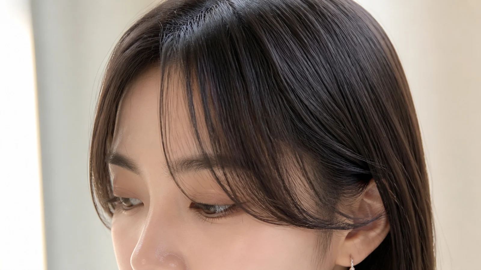 Wispy see-through short curtain bangs point cut on fine straight hair at eyebrow length