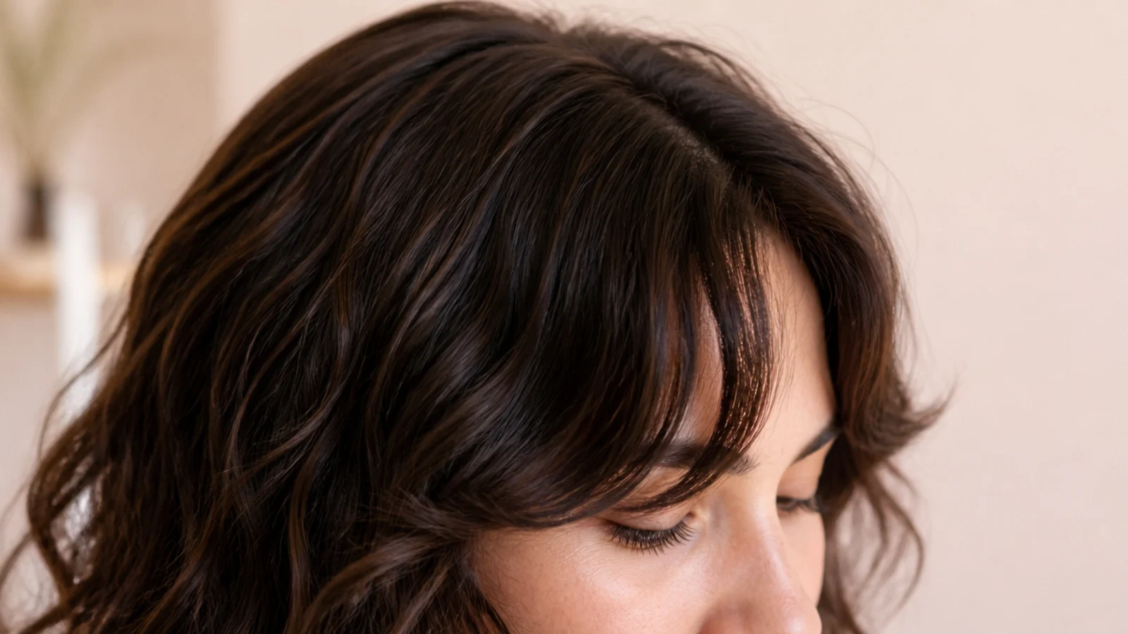 Wavy short curtain bangs on 2B waves cut dry with spring-back allowance at the eyebrow