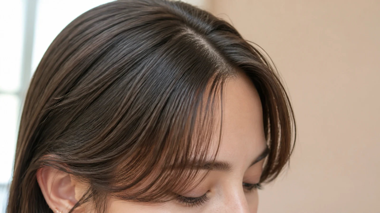 Short curtain bangs cut around a front hairline cowlick on straight fine hair