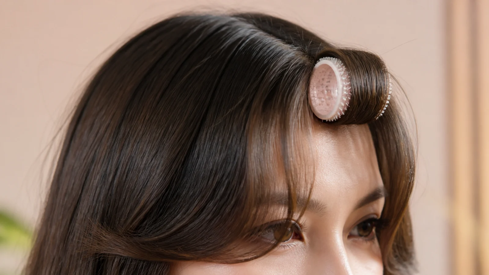 Short curtain bangs set on a velcro roller for a heatless outward sweep away from the face