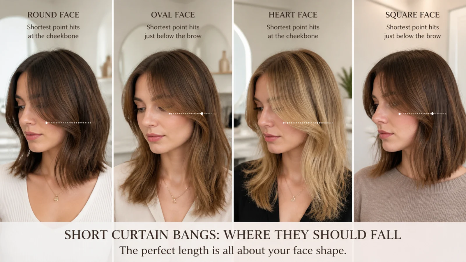 Short curtain bangs compared across round oval heart and square face shapes at different lengths