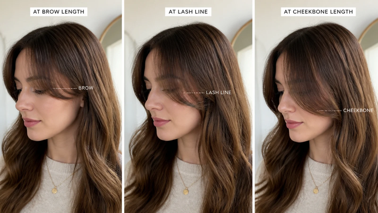 Growing out short curtain bangs from eyebrow length through the lash line stage to cheekbone length