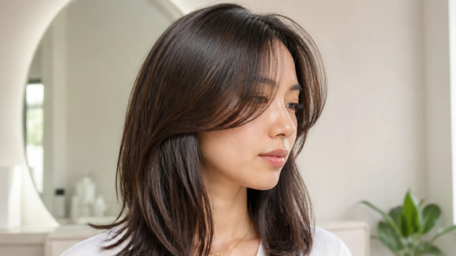 Short curtain bangs tried at eyebrow length, center parted and blow dried away from the face