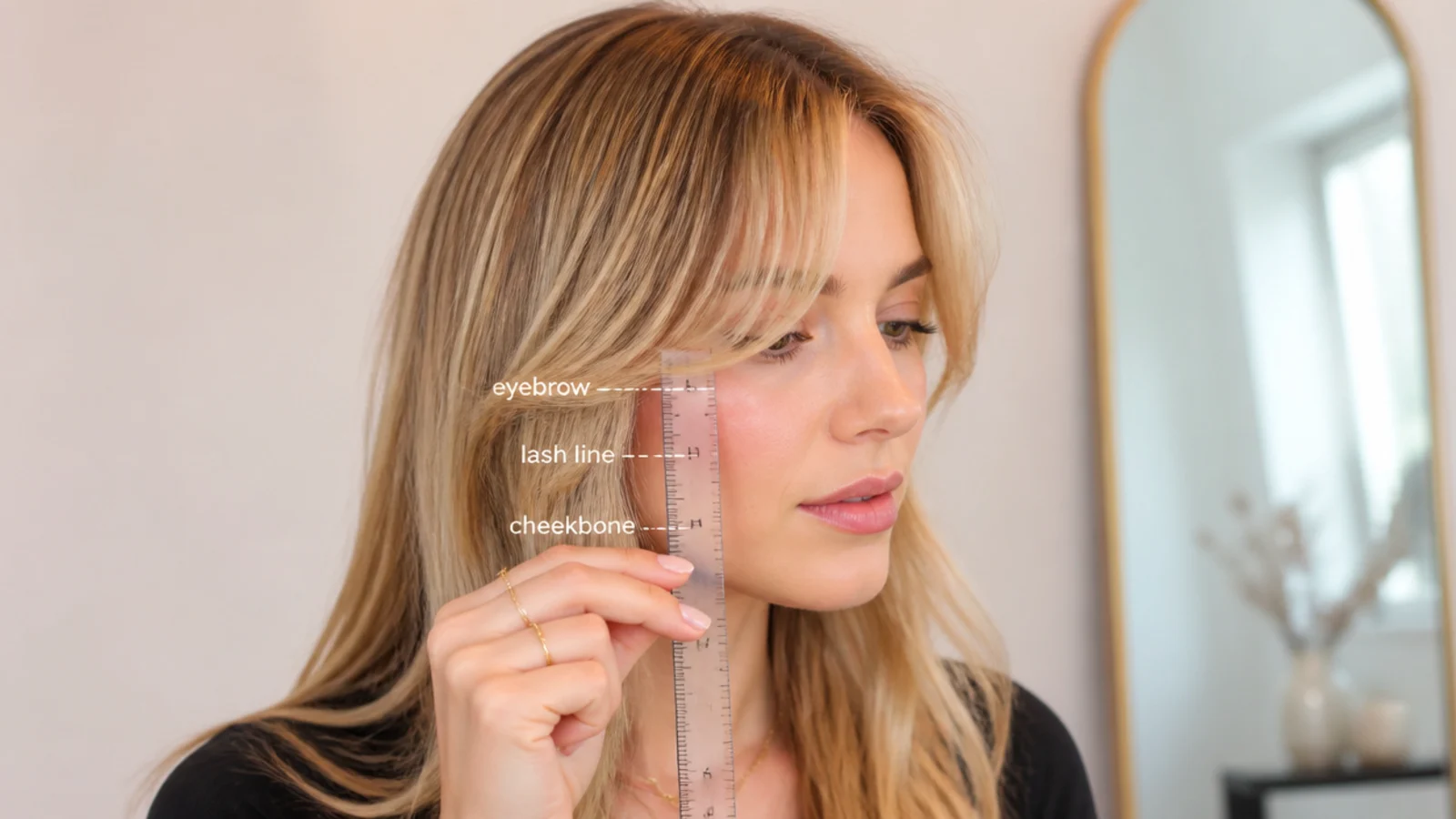 Measuring how short short curtain bangs can go from the hairline to the eyebrow lash line and cheekbone