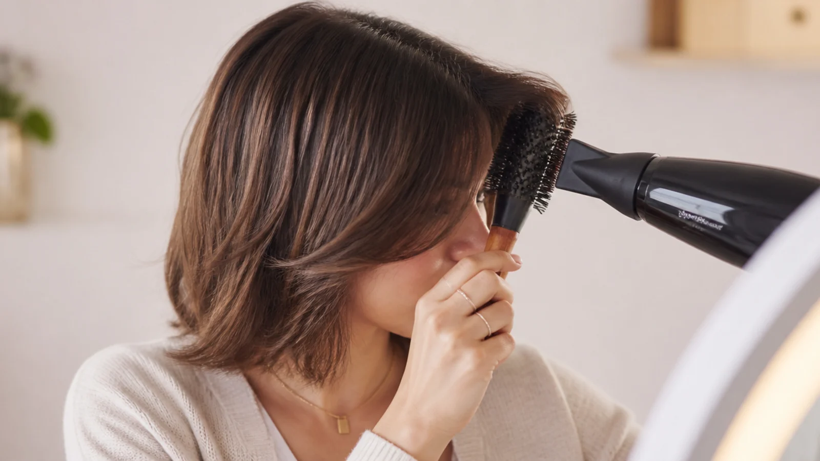 Blow drying short curtain bangs with a round brush away from the center part for an outward sweep