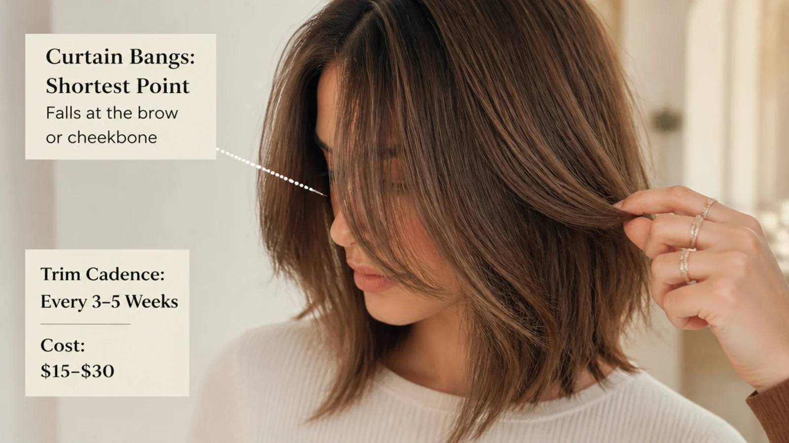 Short curtain bangs trim cadence and cost with a fringe trim every three to five weeks