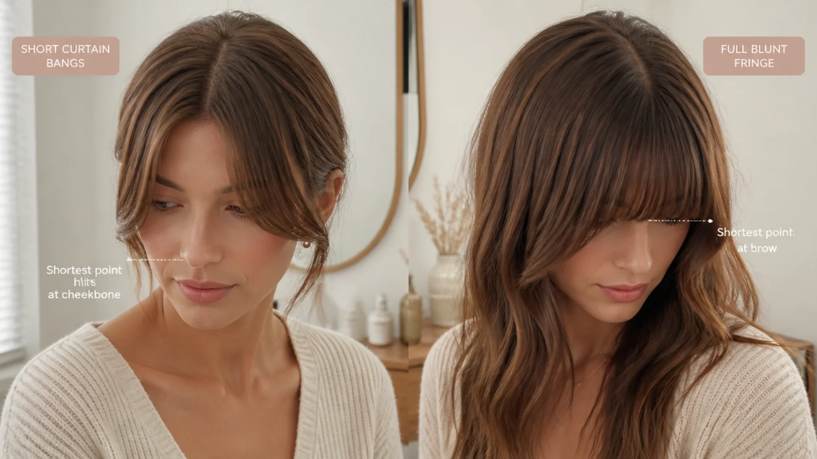 Short curtain bangs compared with a full blunt fringe showing the center part and the sweep away from the face