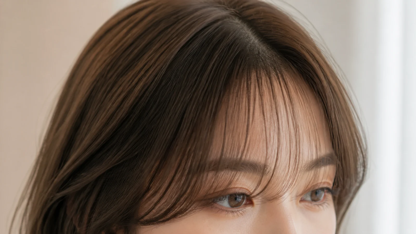 Wispy short curtain bangs with see-through density and tapered ends framing the eyes