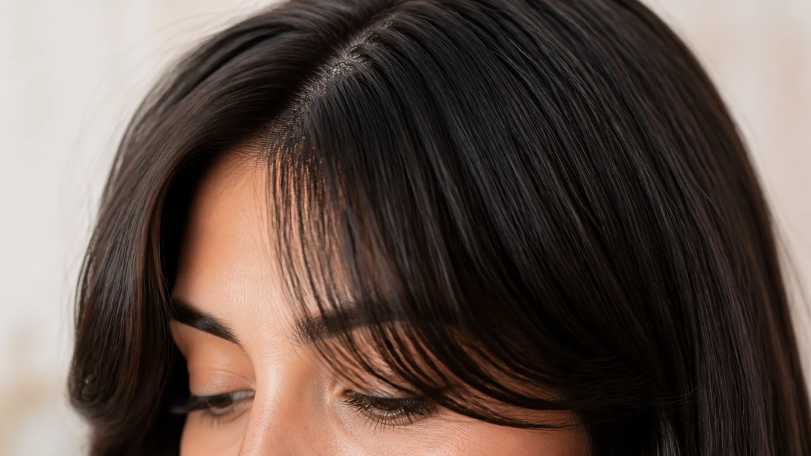 Short curtain bangs on thick dark hair with internal weight removed so the fringe sits flat