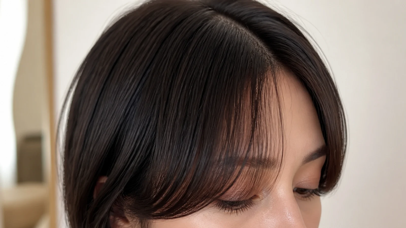 Straight short curtain bangs on sleek dark hair with a clean center part and soft point-cut ends