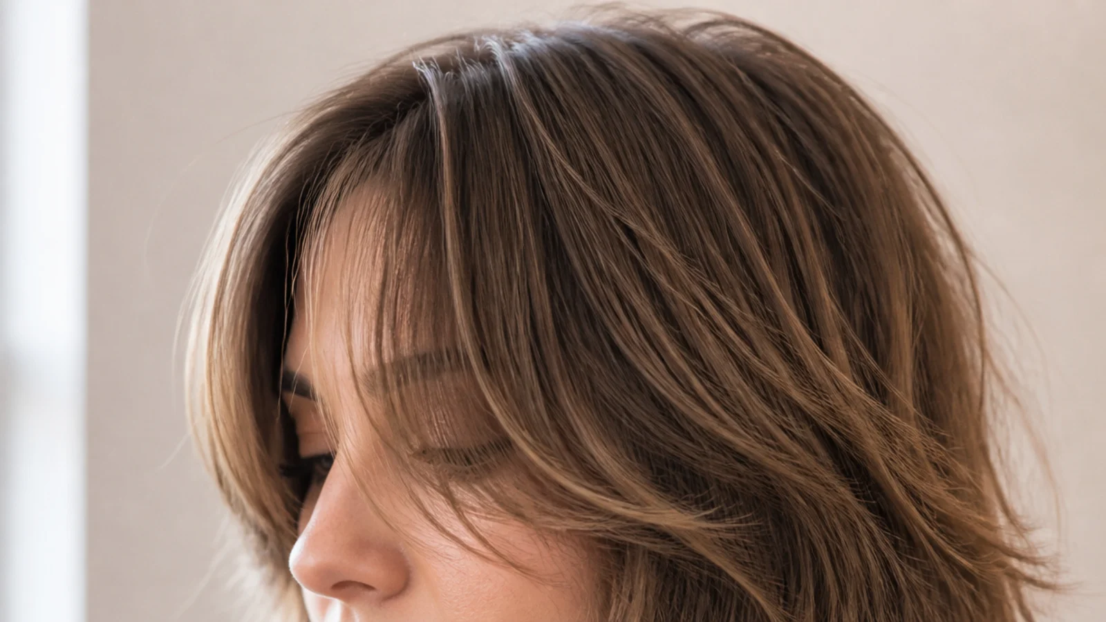 Layered shag haircut with short curtain bangs blending into choppy face-framing layers