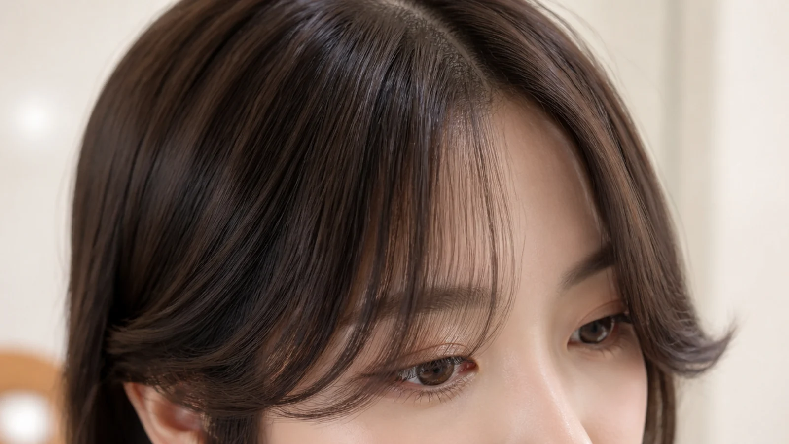 Korean style see-through short curtain bangs with airy density and outward flicked ends