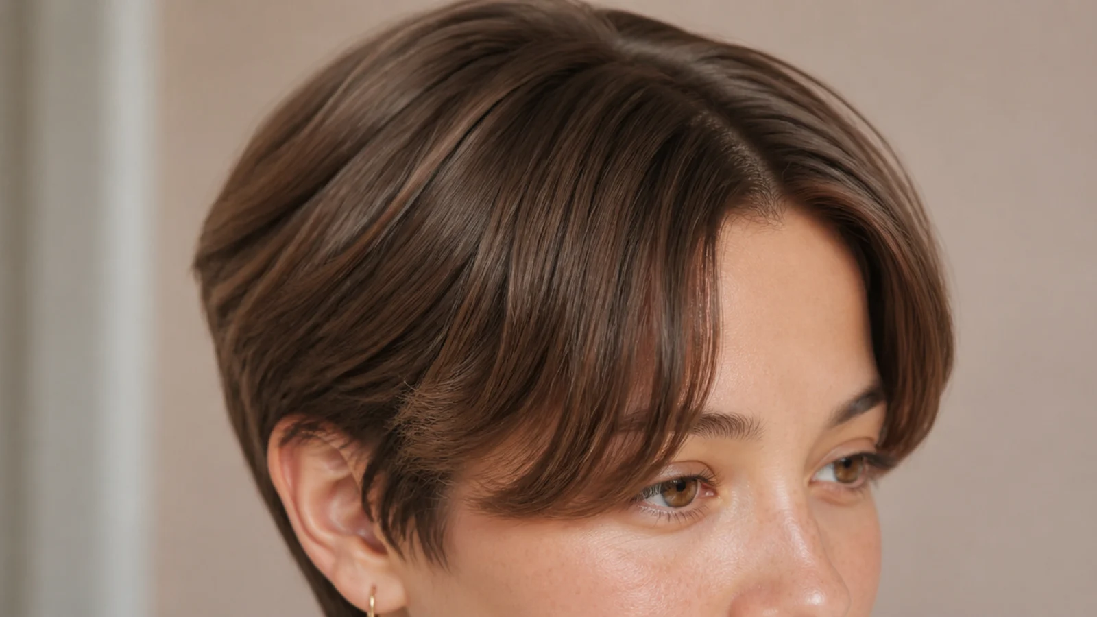Pixie cut with short curtain bangs parted in the center and sweeping past the tops of the ears