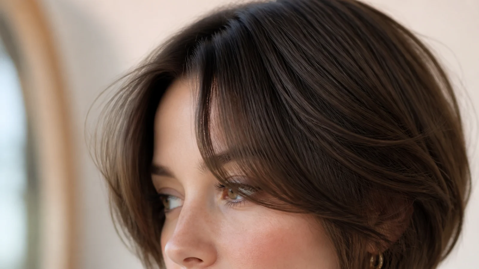 Short curtain bangs on a heart-shaped face narrowing a wide forehead with tapered temple pieces
