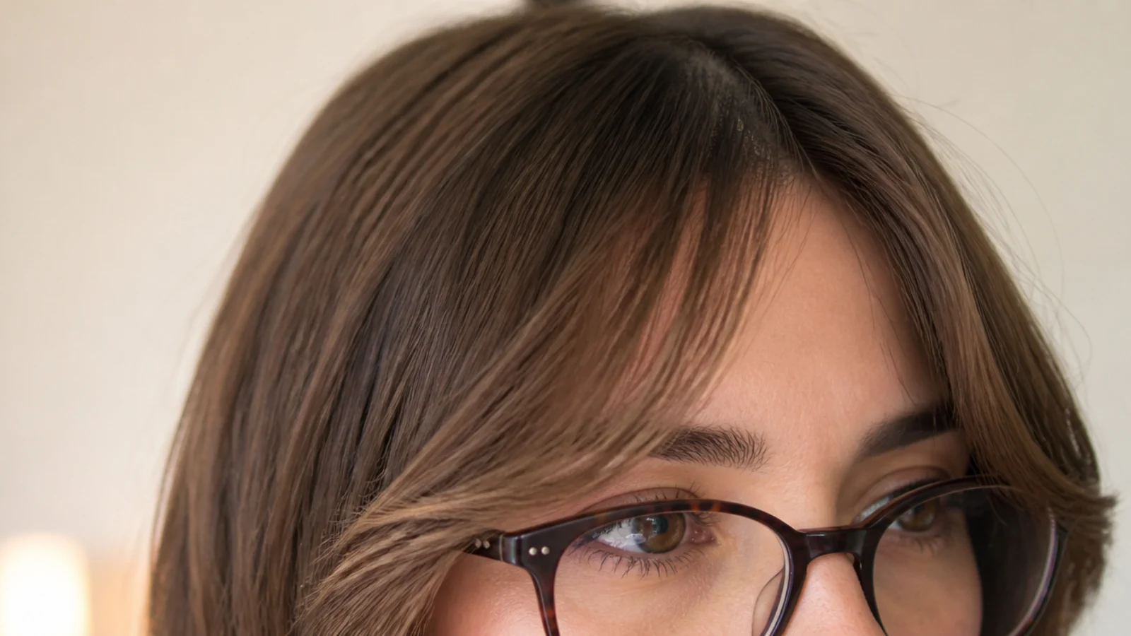 Short curtain bangs worn with glasses, the fringe sitting above the frames without touching the lenses