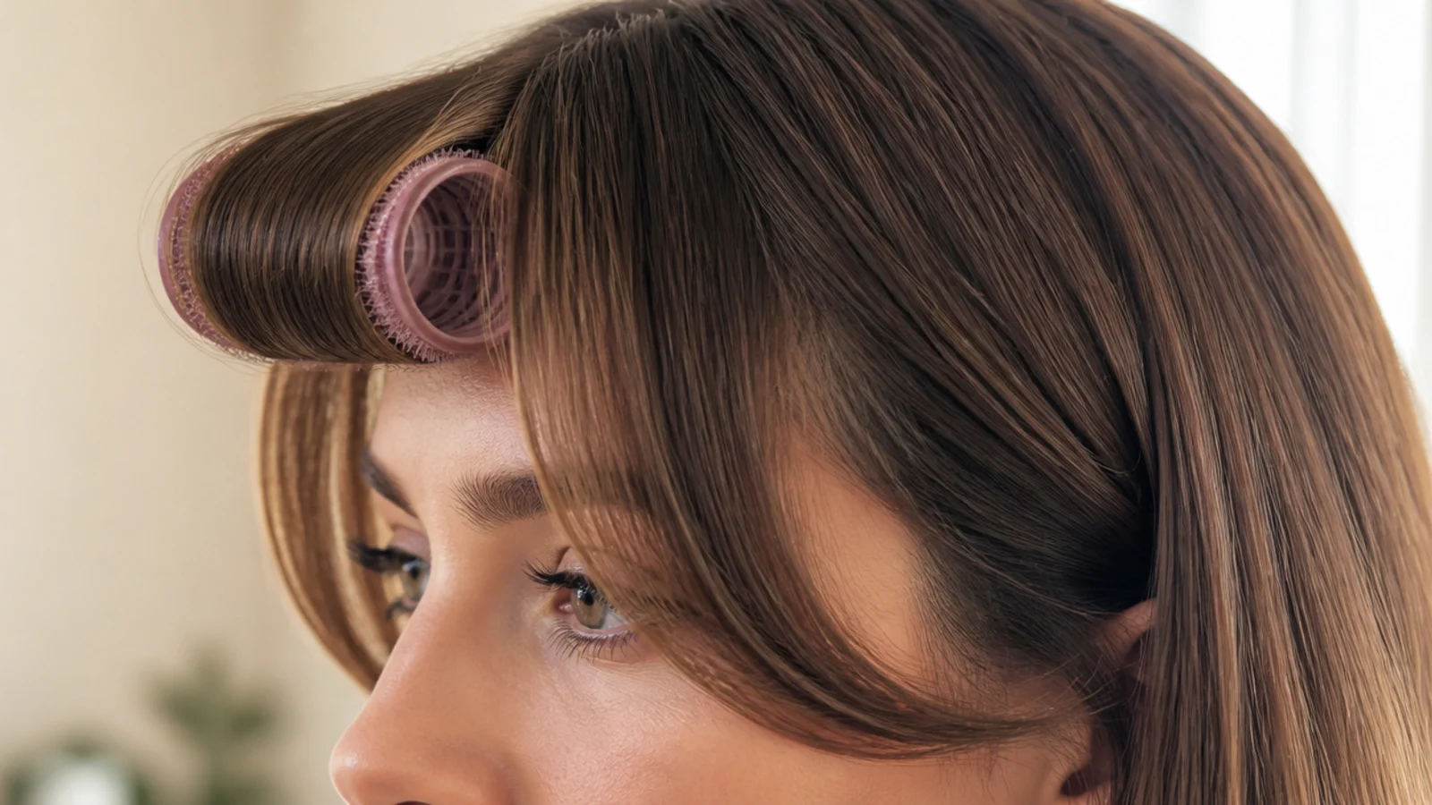 Heatless short curtain bangs set with velcro rollers at the front for lift and outward sweep