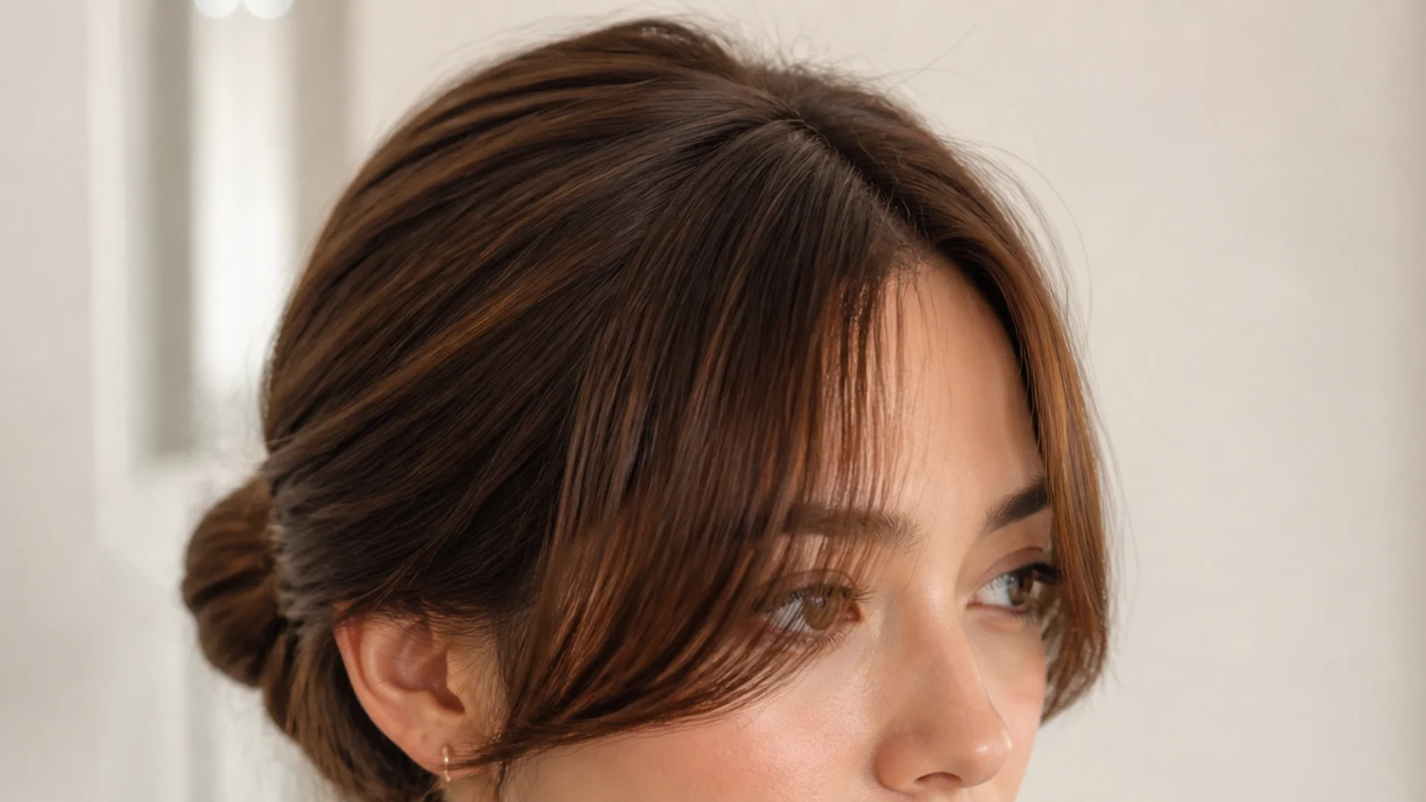 Low bun updo with short curtain bangs left out to frame the face at the center part