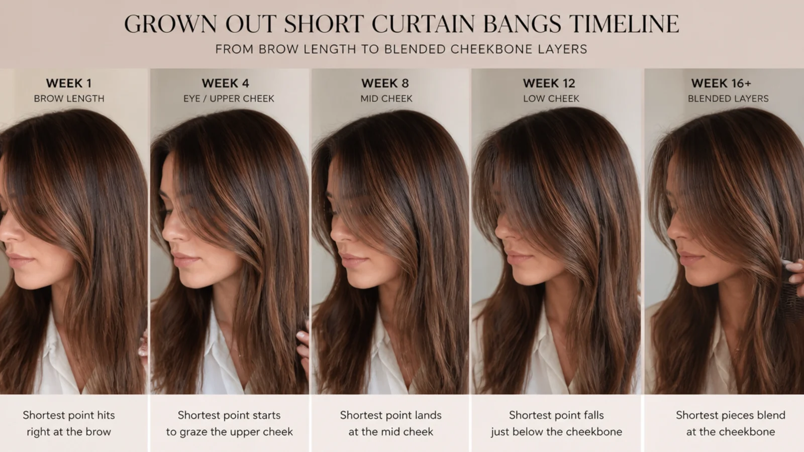 Timeline of grown out short curtain bangs from brow length to blended cheekbone face-framing layers