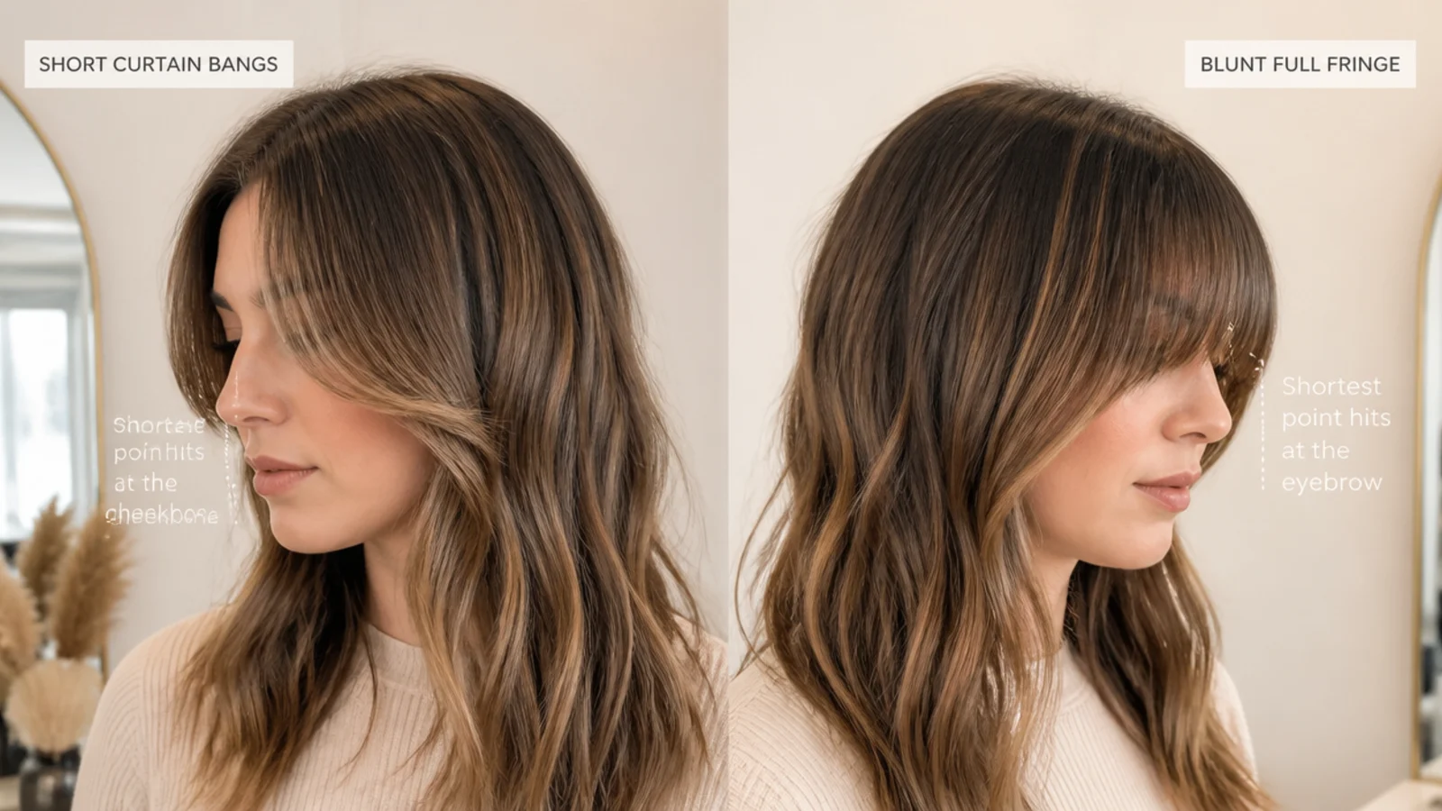 Side by side comparison of short curtain bangs parting in the center and a blunt full fringe
