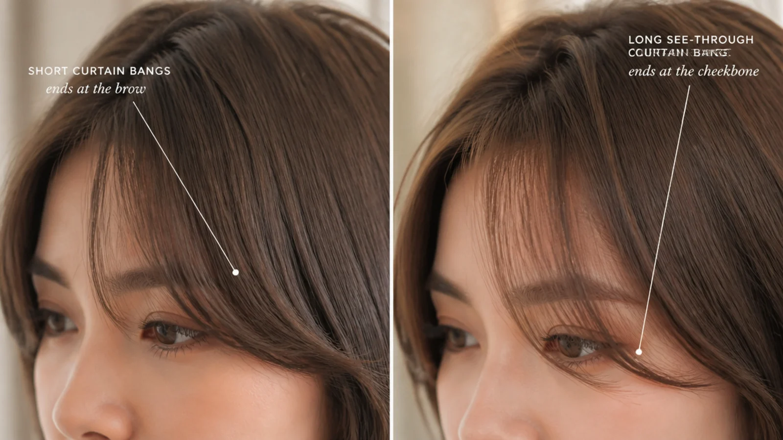 Fine hair compared with short point-cut curtain bangs and long see-through curtain bangs