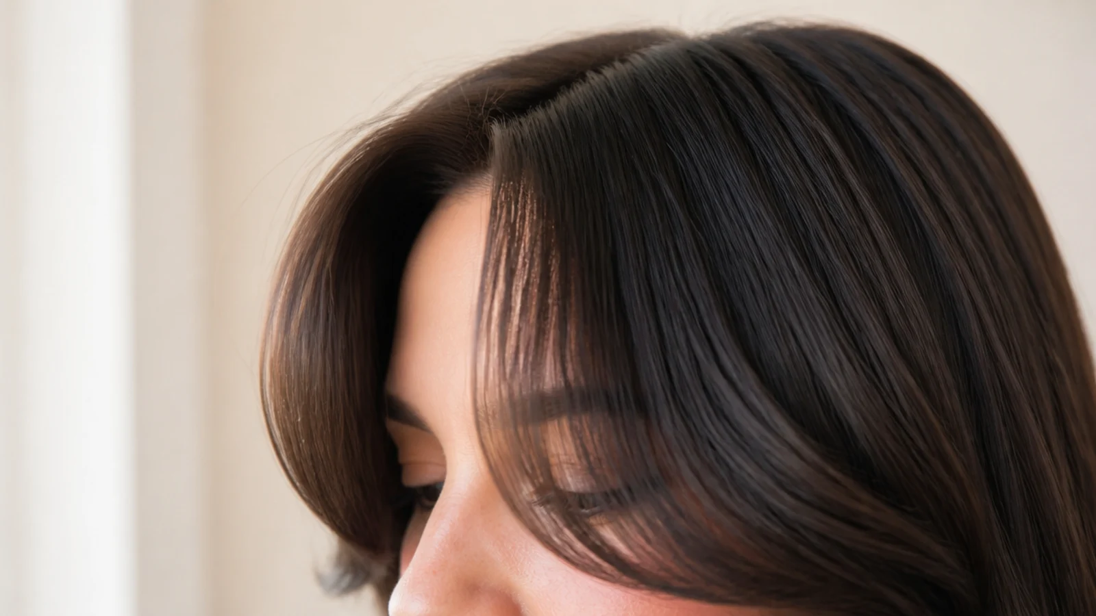 Thick coarse hair with long curtain bangs weighted down beside a short curtain bang lifting at the root