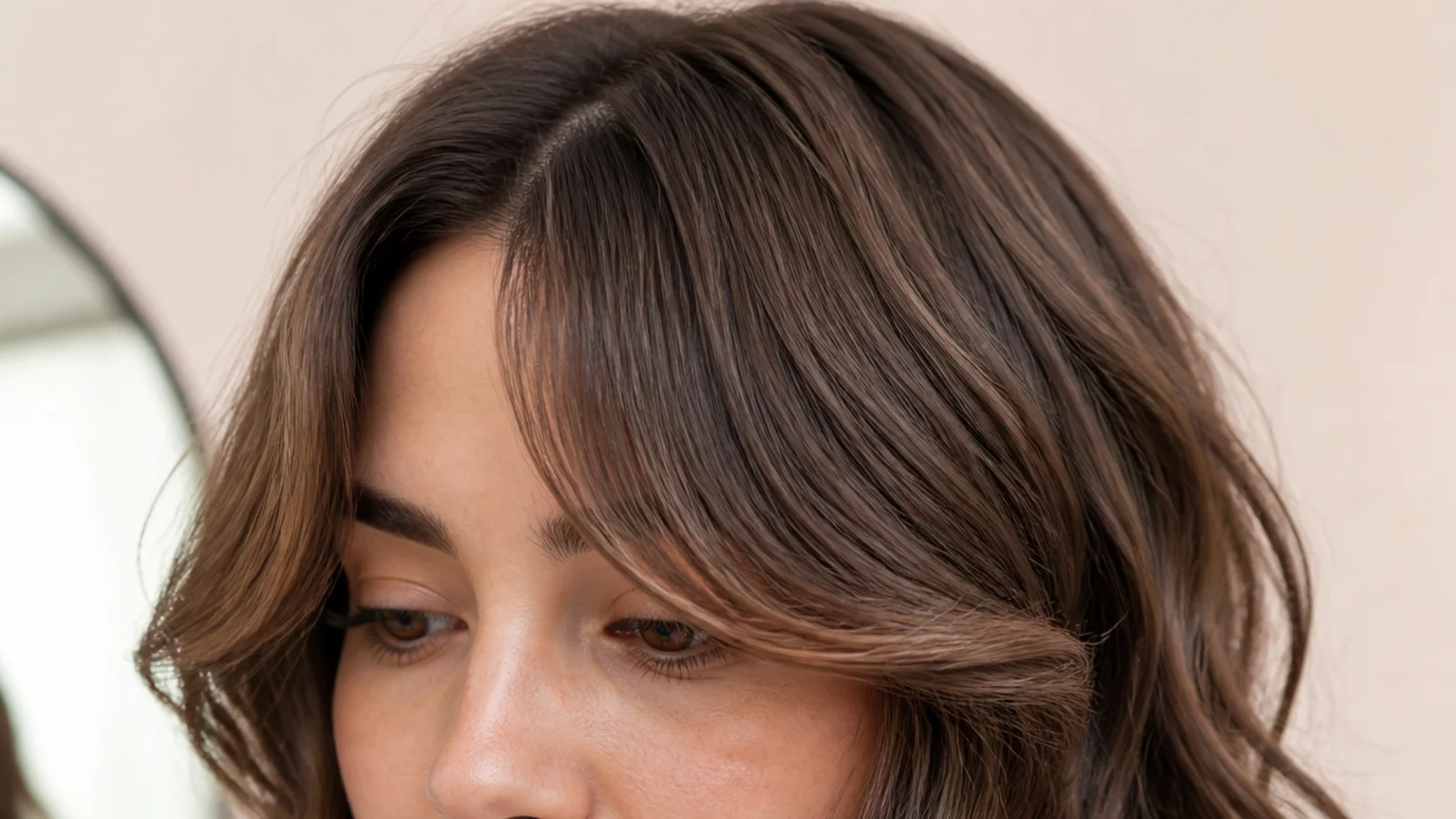 Wavy 2b hair with short curtain bangs bending outward at the cheekbone after drying